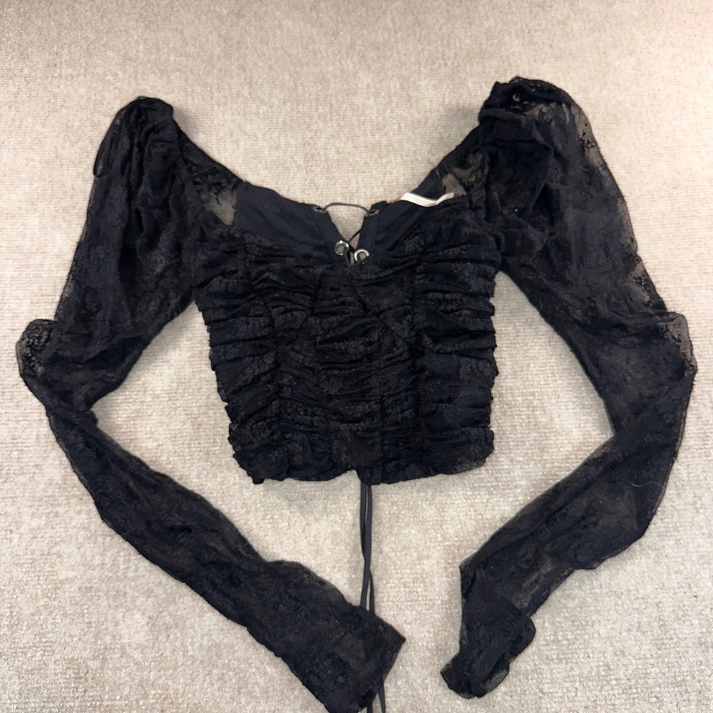Free People Black Lace Ruched Corset Crop Top Long Sleeve Gothic Sweetheart S